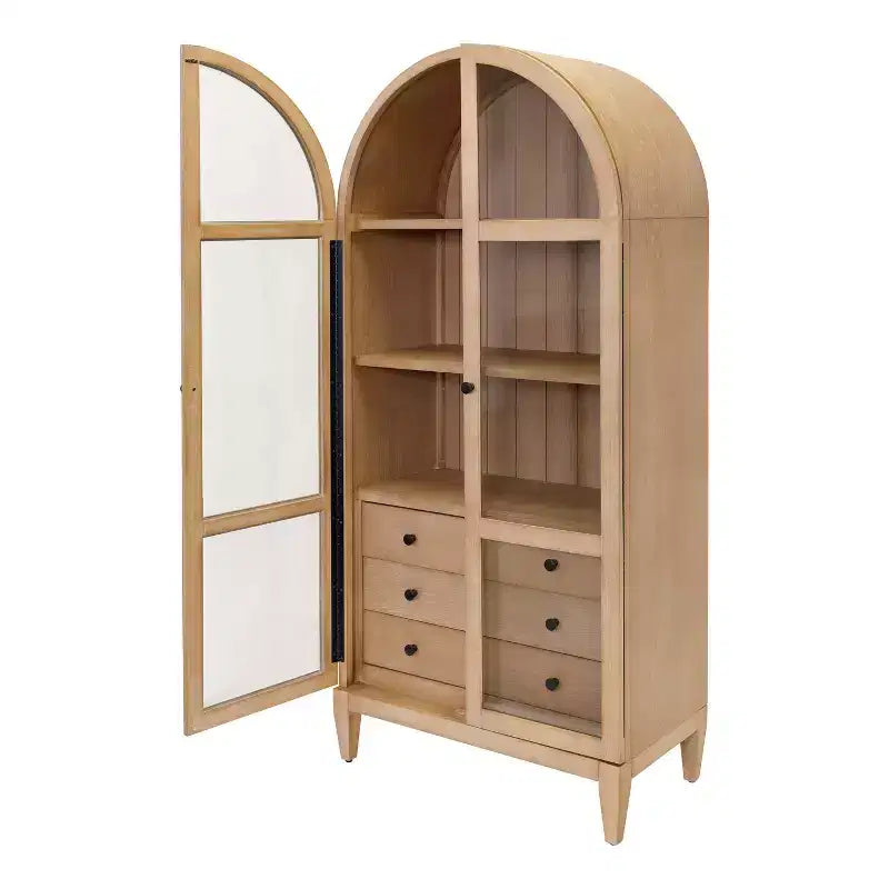 Bibliothèque cintrée moderne en bois de 78", collection Laurel, marron clair, 3 tiroirs