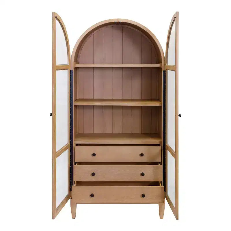 Bibliothèque cintrée moderne en bois de 78", collection Laurel, marron clair, 3 tiroirs