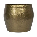 Table d'appoint ronde avec plateau en métal embouti, finition laiton, piétement en fer