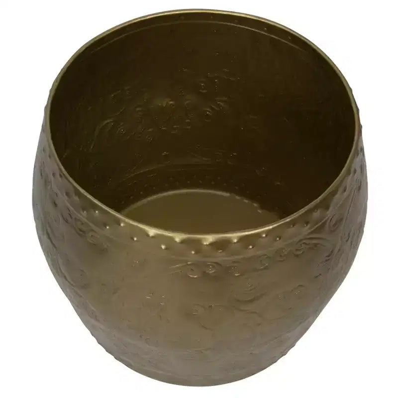 Table d'appoint ronde avec plateau en métal embouti, finition laiton, piétement en fer