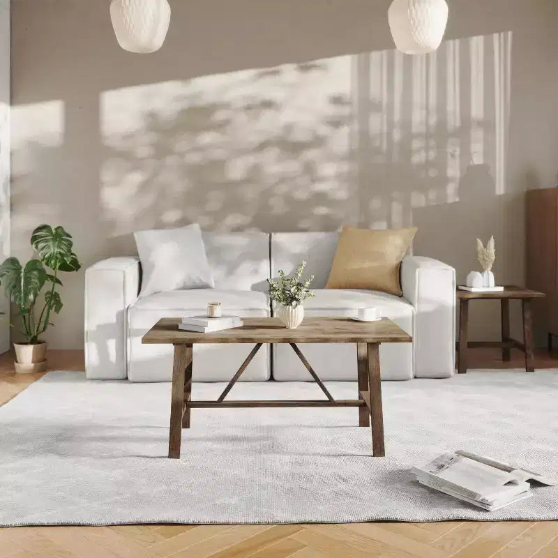 Table basse de ferme en bois massif, table d'appoint style tréteaux