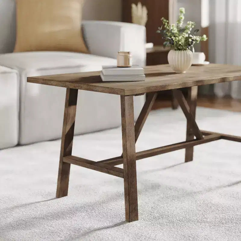 Table basse de ferme en bois massif, table d'appoint style tréteaux