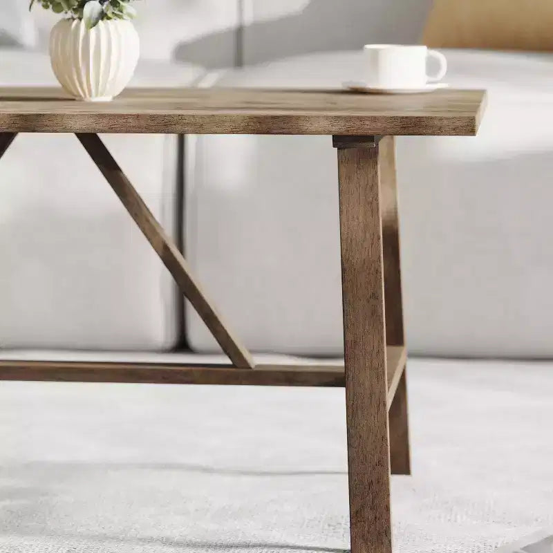 Table basse de ferme en bois massif, table d'appoint style tréteaux