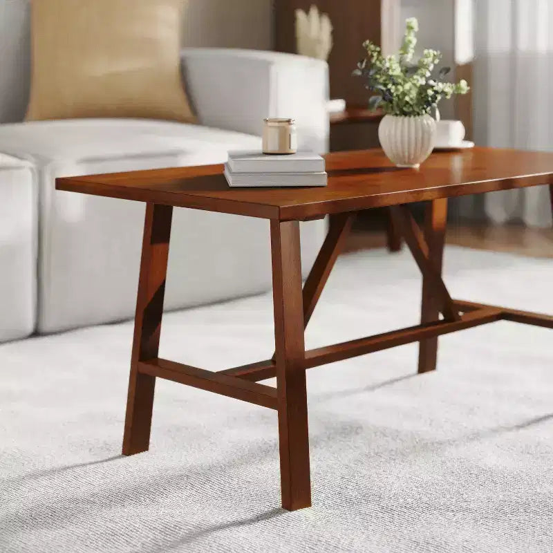 Table basse de ferme en bois massif, table d'appoint style tréteaux