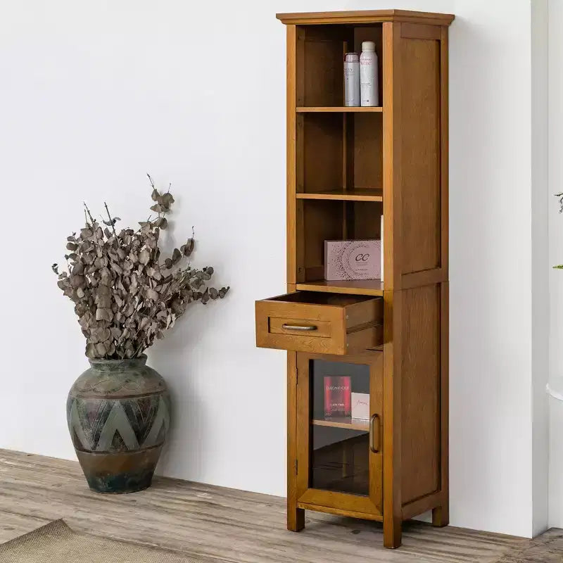 Armoire à linge sur pied avec portes en verre, tiroir et étagères