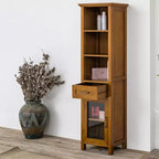 Armoire à linge sur pied avec portes en verre, tiroir et étagères