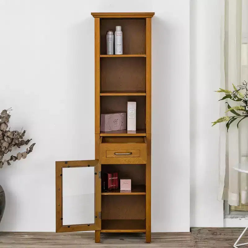 Armoire à linge sur pied avec portes en verre, tiroir et étagères