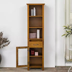 Armoire à linge sur pied avec portes en verre, tiroir et étagères