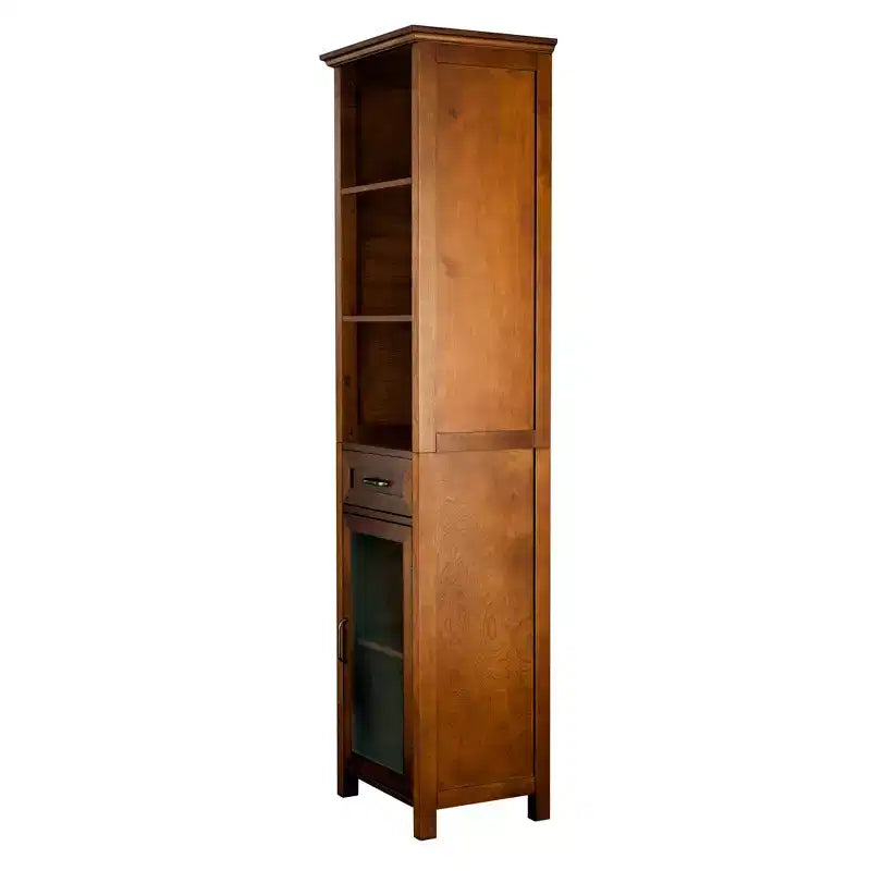 Armoire à linge sur pied avec portes en verre, tiroir et étagères