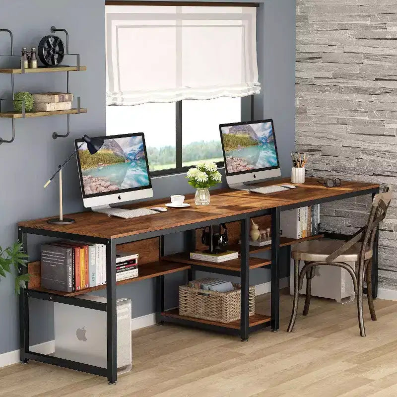 Bureau double avec étagère, bureau informatique de 199,9 cm pour deux personnes