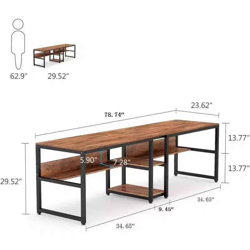 Bureau double avec étagère, bureau informatique de 199,9 cm pour deux personnes
