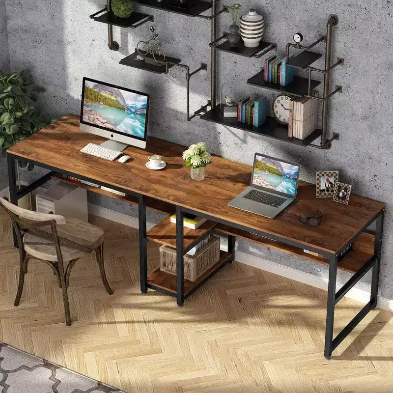 Bureau double avec étagère, bureau informatique de 199,9 cm pour deux personnes