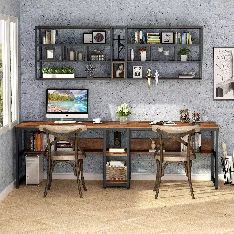 Bureau double avec étagère, bureau informatique de 199,9 cm pour deux personnes