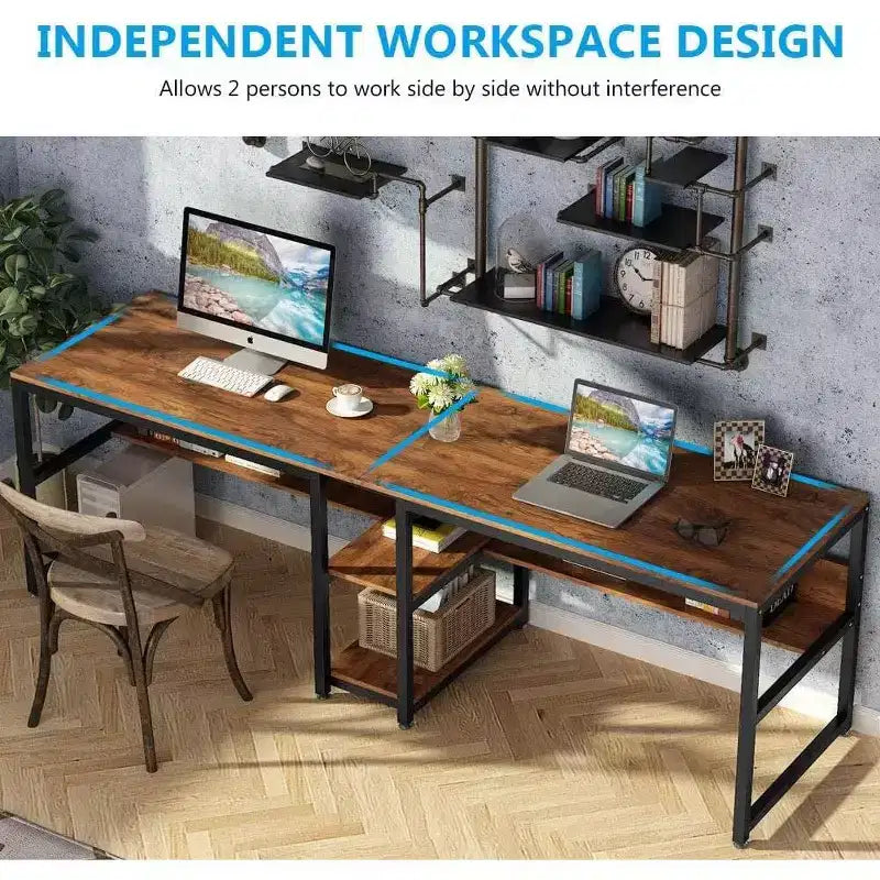 Bureau double avec étagère, bureau informatique de 199,9 cm pour deux personnes