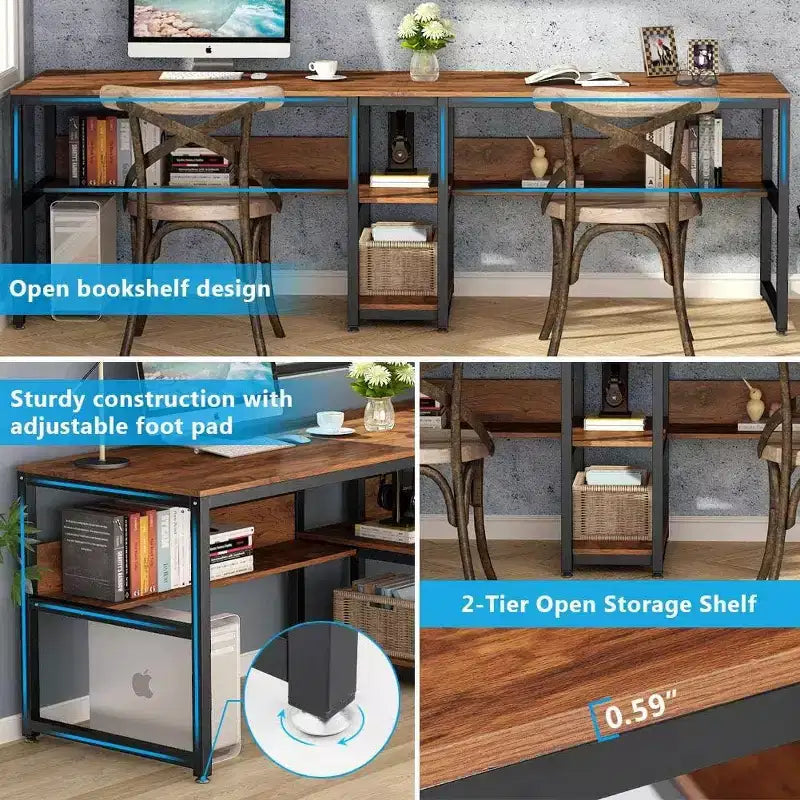 Bureau double avec étagère, bureau informatique de 199,9 cm pour deux personnes