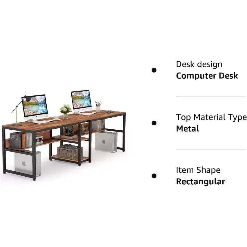 Bureau double avec étagère, bureau informatique de 199,9 cm pour deux personnes