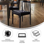Chaise de salle à manger commerciale en bois massif avec dossier à lattes et siège en vinyle