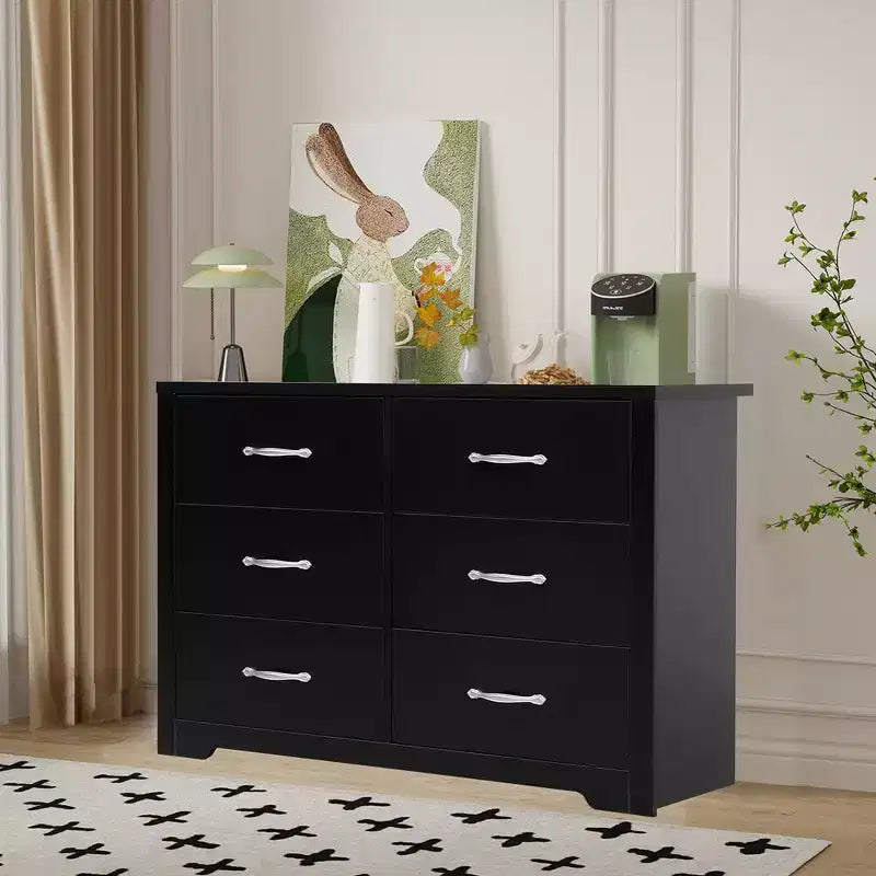 Commode moderne à 6 tiroirs, large commode de chambre en bois MDF avec finition résistante aux rayures, noir