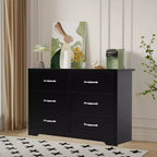 Commode moderne à 6 tiroirs, large commode de chambre en bois MDF avec finition résistante aux rayures, noir