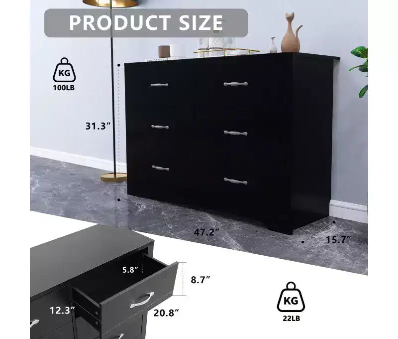 Commode moderne à 6 tiroirs, large commode de chambre en bois MDF avec finition résistante aux rayures, noir