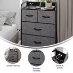 Table de chevet avec 4 tiroirs en tissu, station de charge avec 2 ports USB et prise de courant