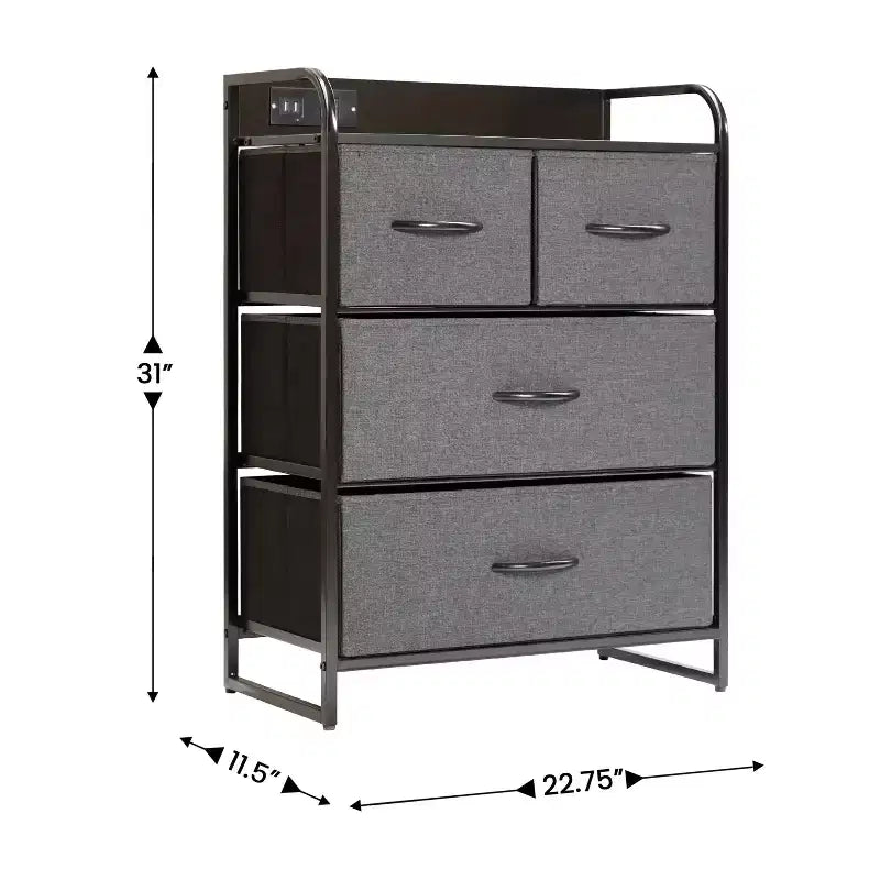 Table de chevet avec 4 tiroirs en tissu, station de charge avec 2 ports USB et prise de courant