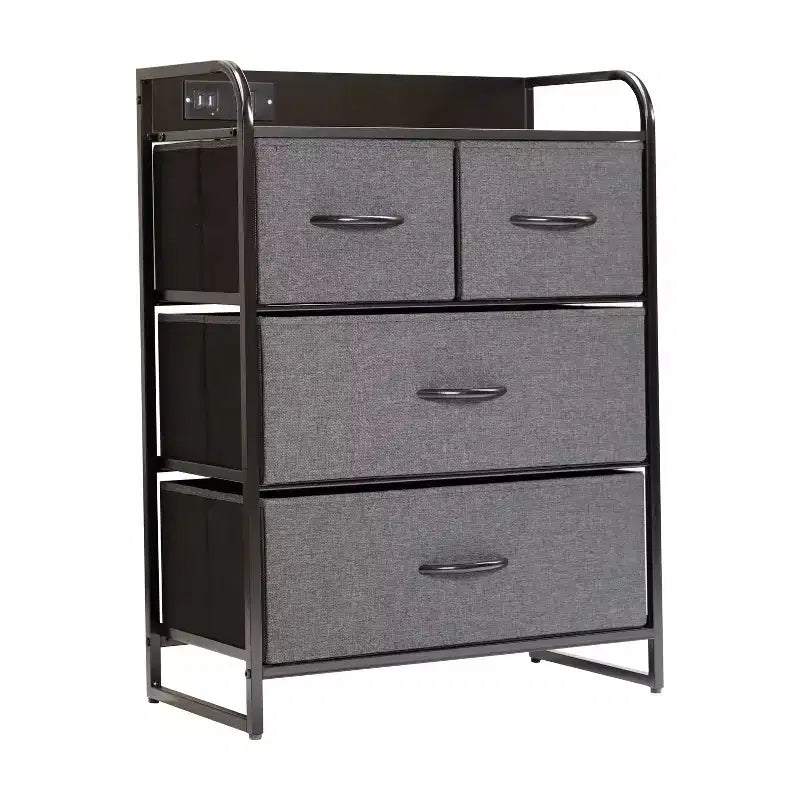 Table de chevet avec 4 tiroirs en tissu, station de charge avec 2 ports USB et prise de courant