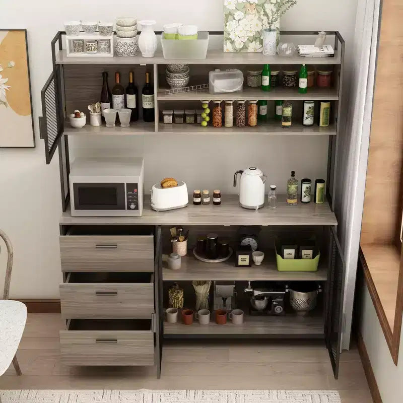 Buffet de cuisine en bois de 59 po avec portes en métal, 3 tiroirs et étagères