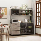 Buffet de cuisine en bois de 59 po avec portes en métal, 3 tiroirs et étagères