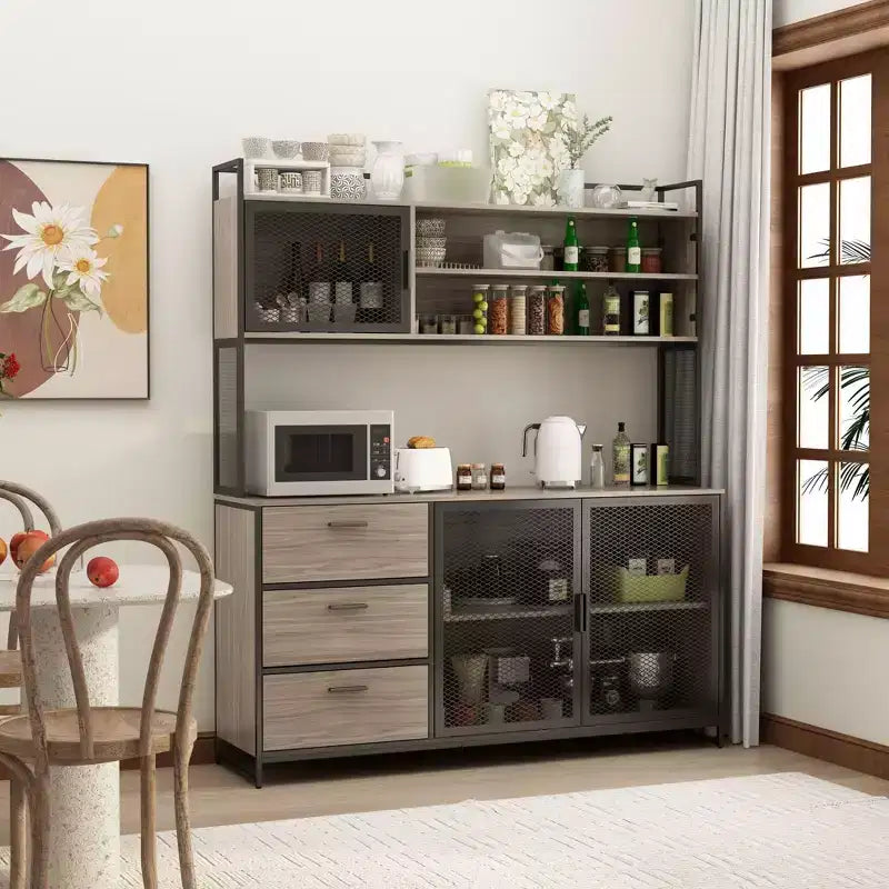 Buffet de cuisine en bois de 59 po avec portes en métal, 3 tiroirs et étagères