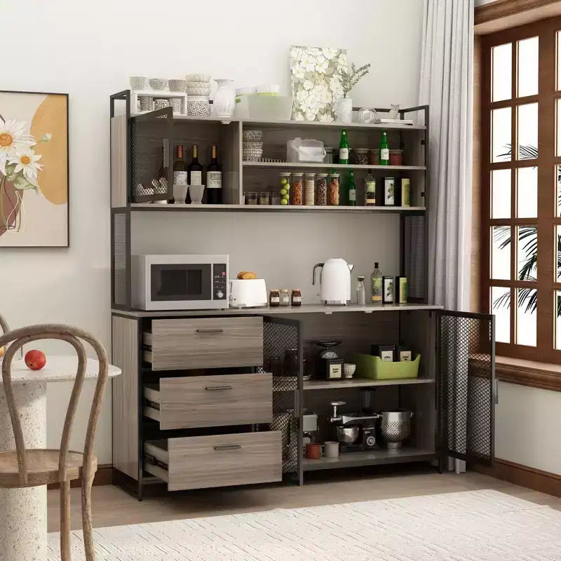 Buffet de cuisine en bois de 59 po avec portes en métal, 3 tiroirs et étagères