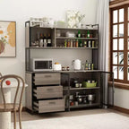 Buffet de cuisine en bois de 59 po avec portes en métal, 3 tiroirs et étagères