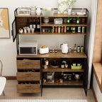 Buffet de cuisine en bois de 59 po avec portes en métal, 3 tiroirs et étagères
