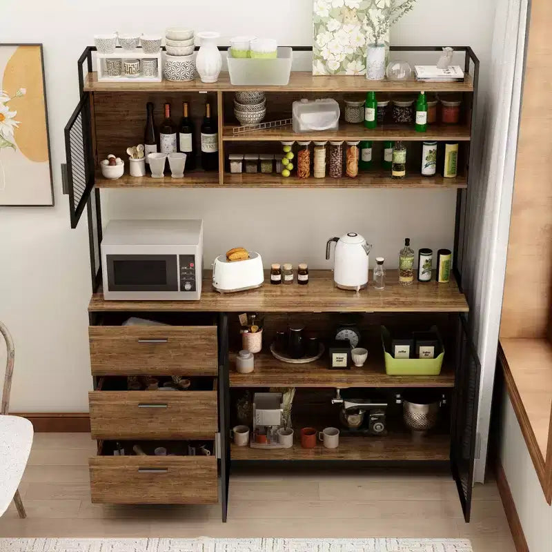 Buffet de cuisine en bois de 59 po avec portes en métal, 3 tiroirs et étagères