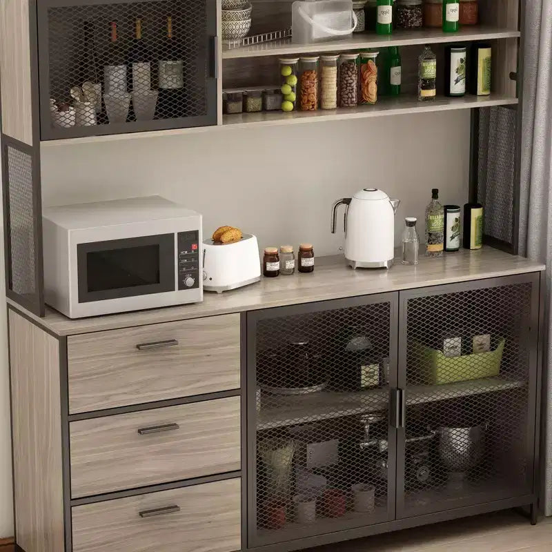 Buffet de cuisine en bois de 59 po avec portes en métal, 3 tiroirs et étagères