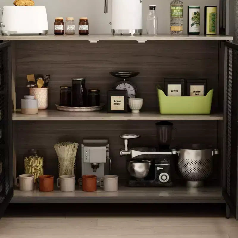 Buffet de cuisine en bois de 59 po avec portes en métal, 3 tiroirs et étagères