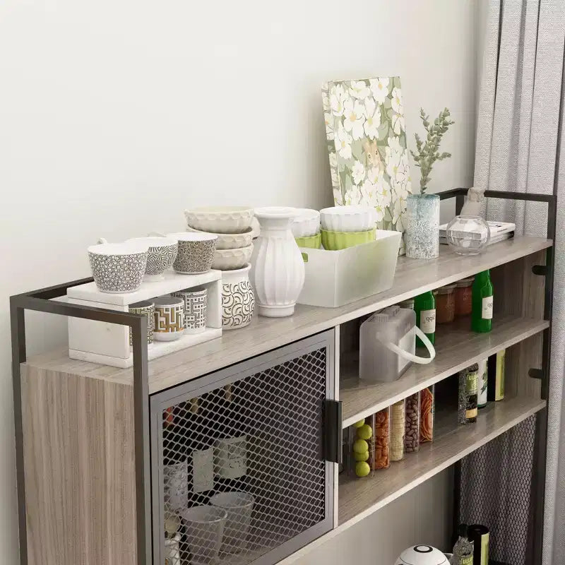 Buffet de cuisine en bois de 59 po avec portes en métal, 3 tiroirs et étagères