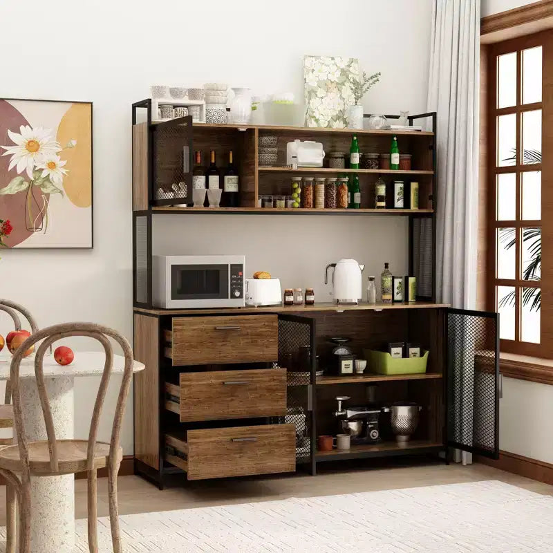 Buffet de cuisine en bois de 59 po avec portes en métal, 3 tiroirs et étagères