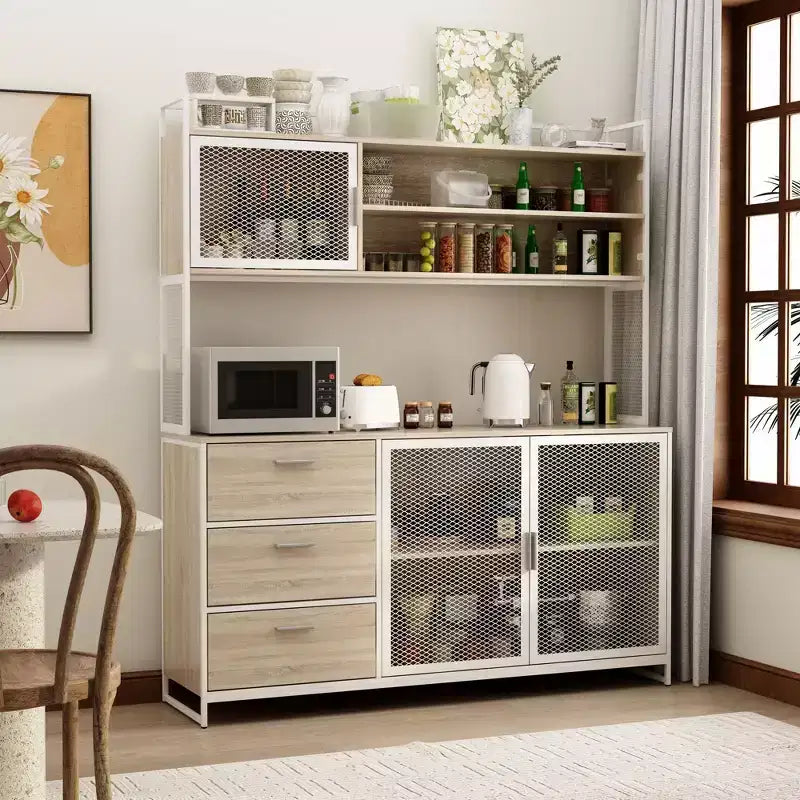 Buffet de cuisine en bois de 59 po avec portes en métal, 3 tiroirs et étagères
