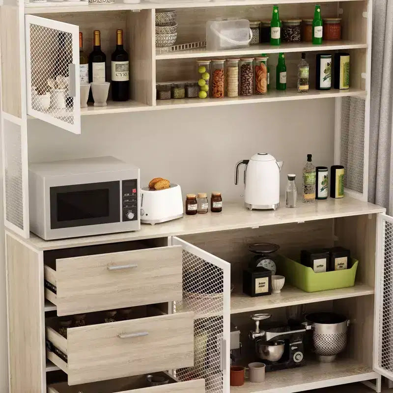 Buffet de cuisine en bois de 59 po avec portes en métal, 3 tiroirs et étagères