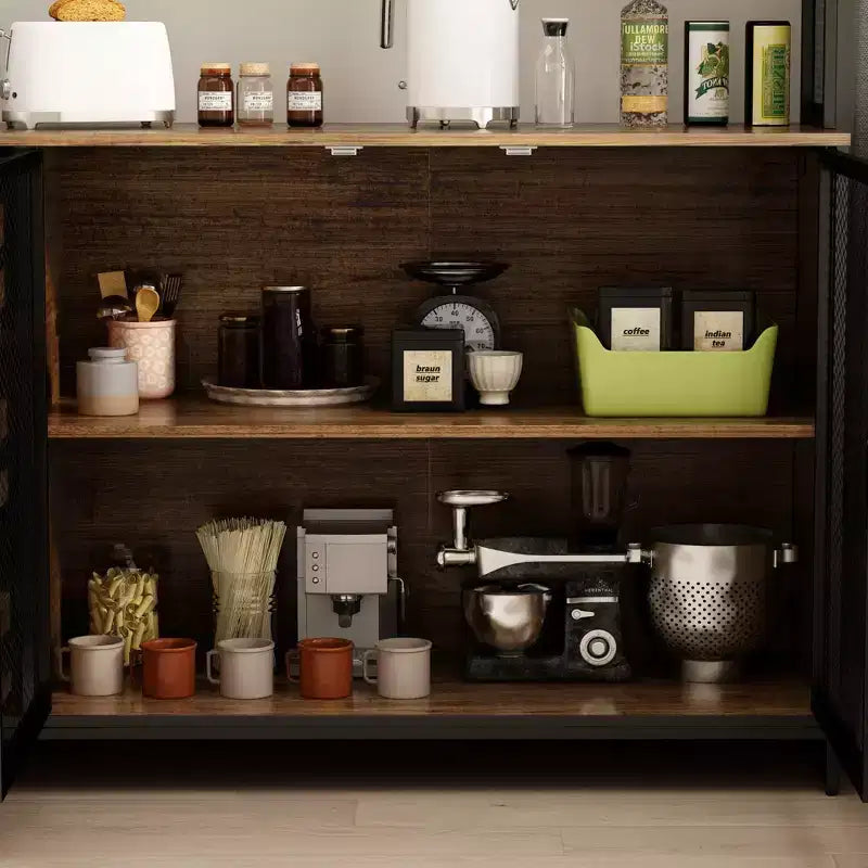 Buffet de cuisine en bois de 59 po avec portes en métal, 3 tiroirs et étagères