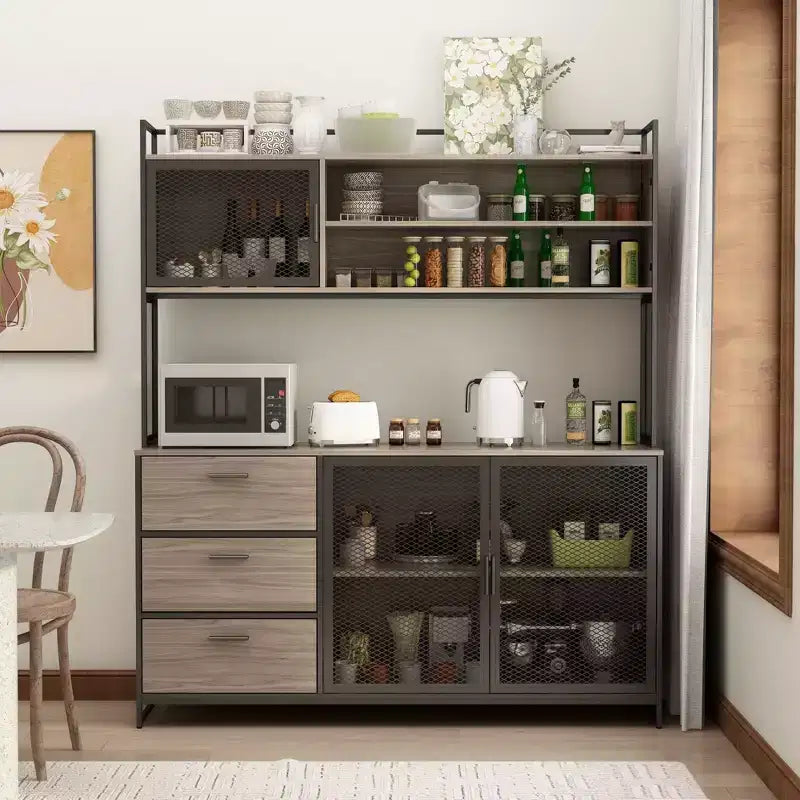 Buffet de cuisine en bois de 59 po avec portes en métal, 3 tiroirs et étagères