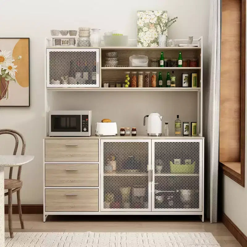 Buffet de cuisine en bois de 59 po avec portes en métal, 3 tiroirs et étagères