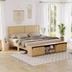 Whizmax Natural Rattan Bed Frame with Sliding Barn Door Storage Cabinets and LED Light Headboard, Boho Farmhouse Wood Platform Bed
