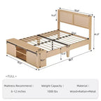 Cadre de lit en rotin naturel avec armoires de rangement coulissantes de style grange et tête de lit éclairée par LED, style bohème-fermier