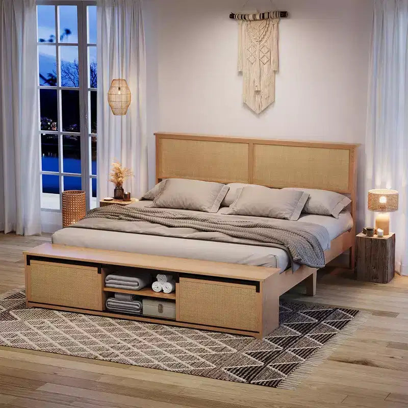 Cadre de lit en rotin naturel avec armoires de rangement coulissantes de style grange et tête de lit éclairée par LED, style bohème-fermier