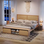 Cadre de lit en rotin naturel avec armoires de rangement coulissantes de style grange et tête de lit éclairée par LED, style bohème-fermier