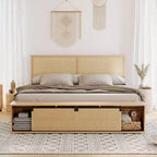 Cadre de lit en rotin naturel avec armoires de rangement coulissantes de style grange et tête de lit éclairée par LED, style bohème-fermier