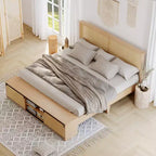Cadre de lit en rotin naturel avec armoires de rangement coulissantes de style grange et tête de lit éclairée par LED, style bohème-fermier