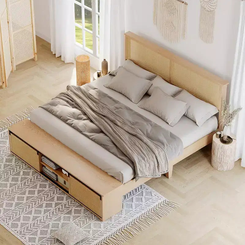 Cadre de lit en rotin naturel avec armoires de rangement coulissantes de style grange et tête de lit éclairée par LED, style bohème-fermier